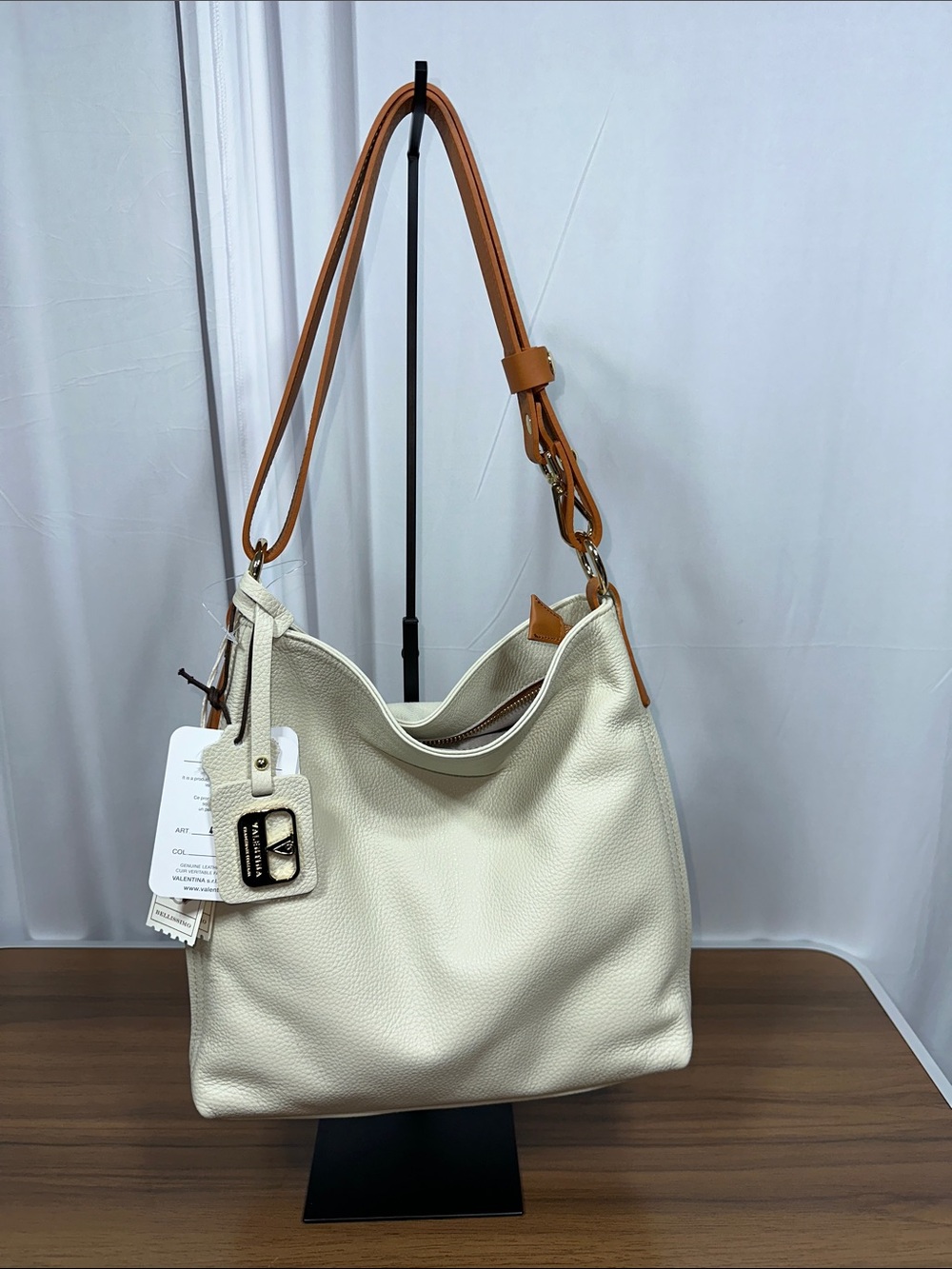 Valentina Cream Pebble Leather Shoulder Bag with Tan Strap